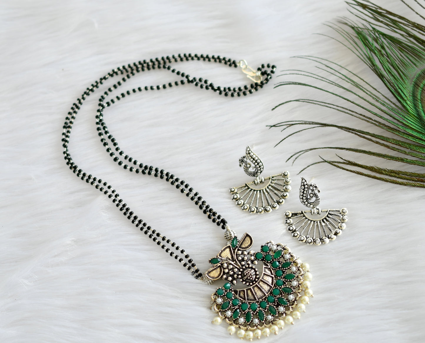 Silver tone green pearl peacock mangalsutra set dj-19899