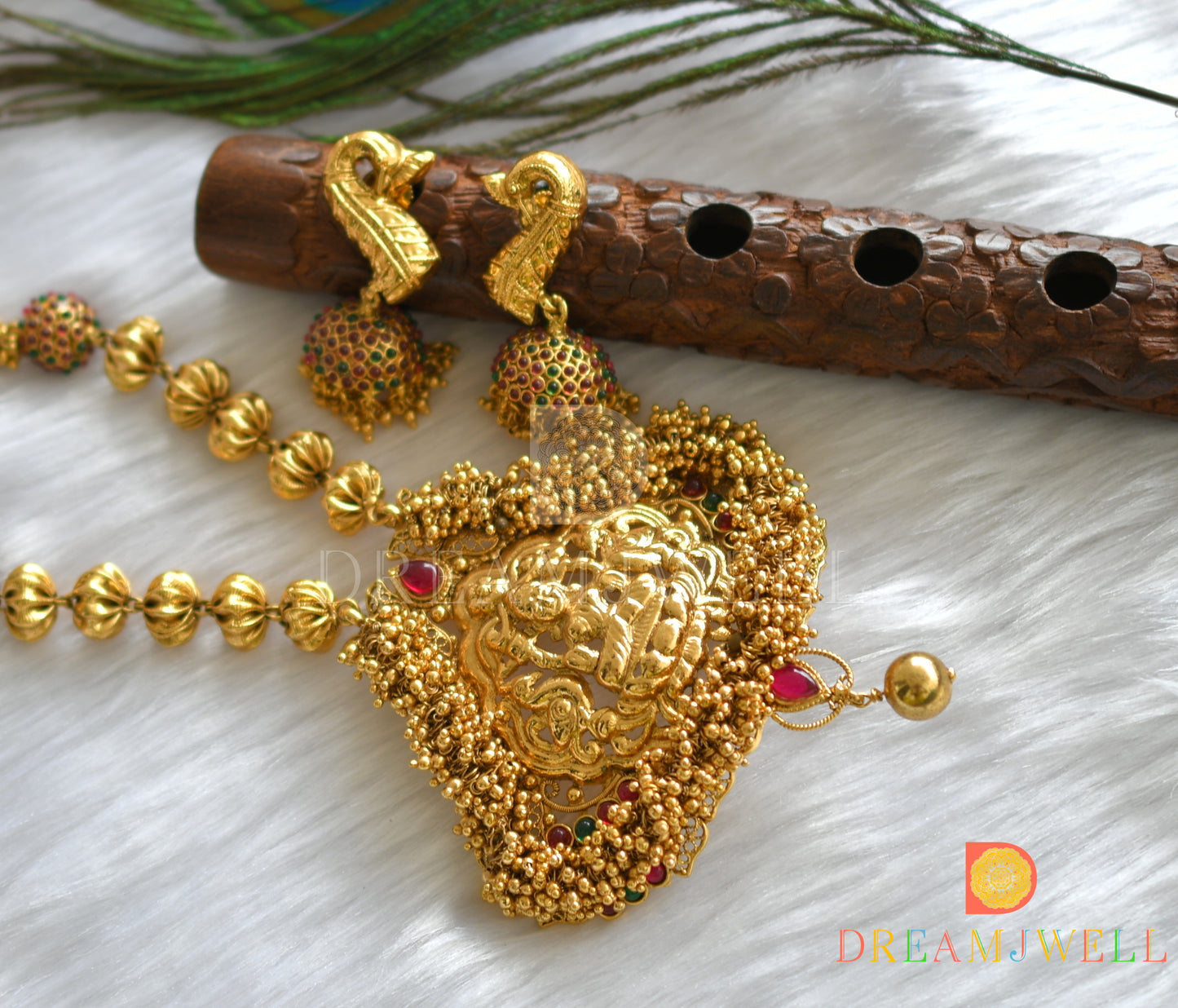 Antique kemp-green Lakshmi-Peacock gold cluster haar set dj-37461