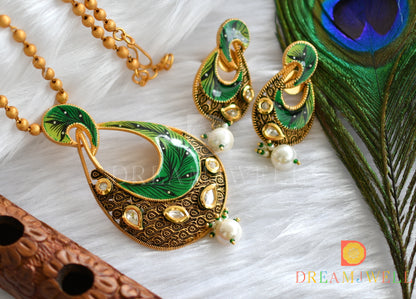 Matte finish kundan white-green hand painted  pendant set dj-37462