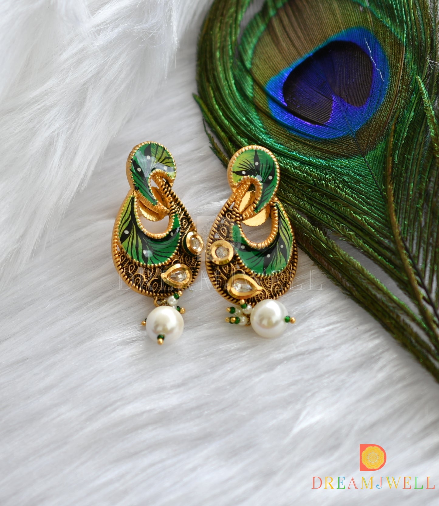 Matte finish kundan white-green hand painted  pendant set dj-37462