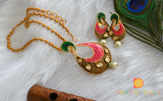 Matte finish kundan white-pink-green hand painted pendant set dj-37463