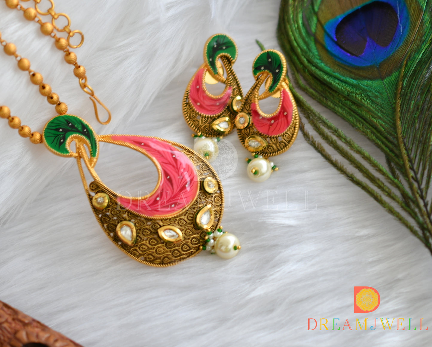 Matte finish kundan white-pink-green hand painted pendant set dj-37463