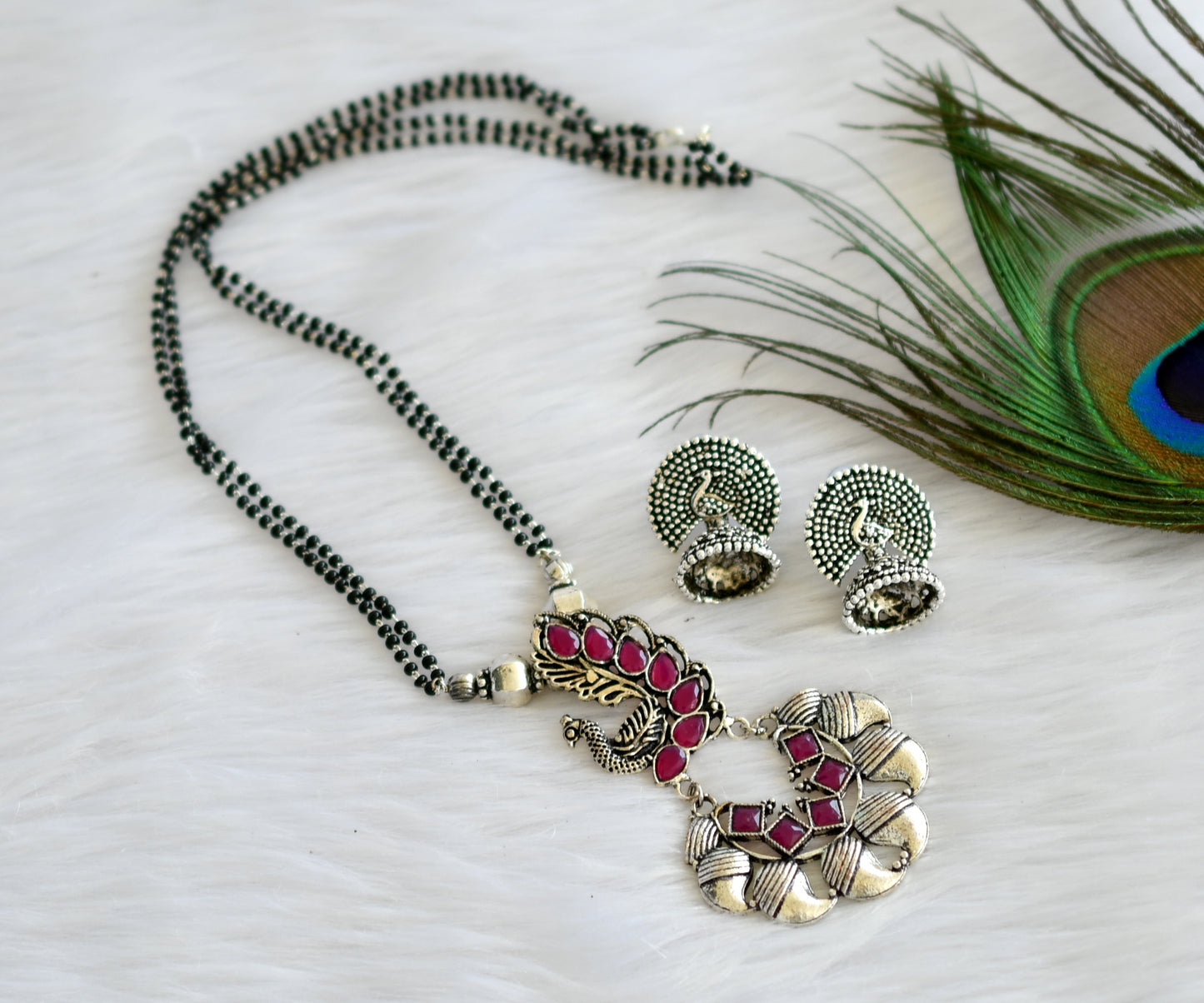 Silver tone pink peacock mangalsutra set dj-19893