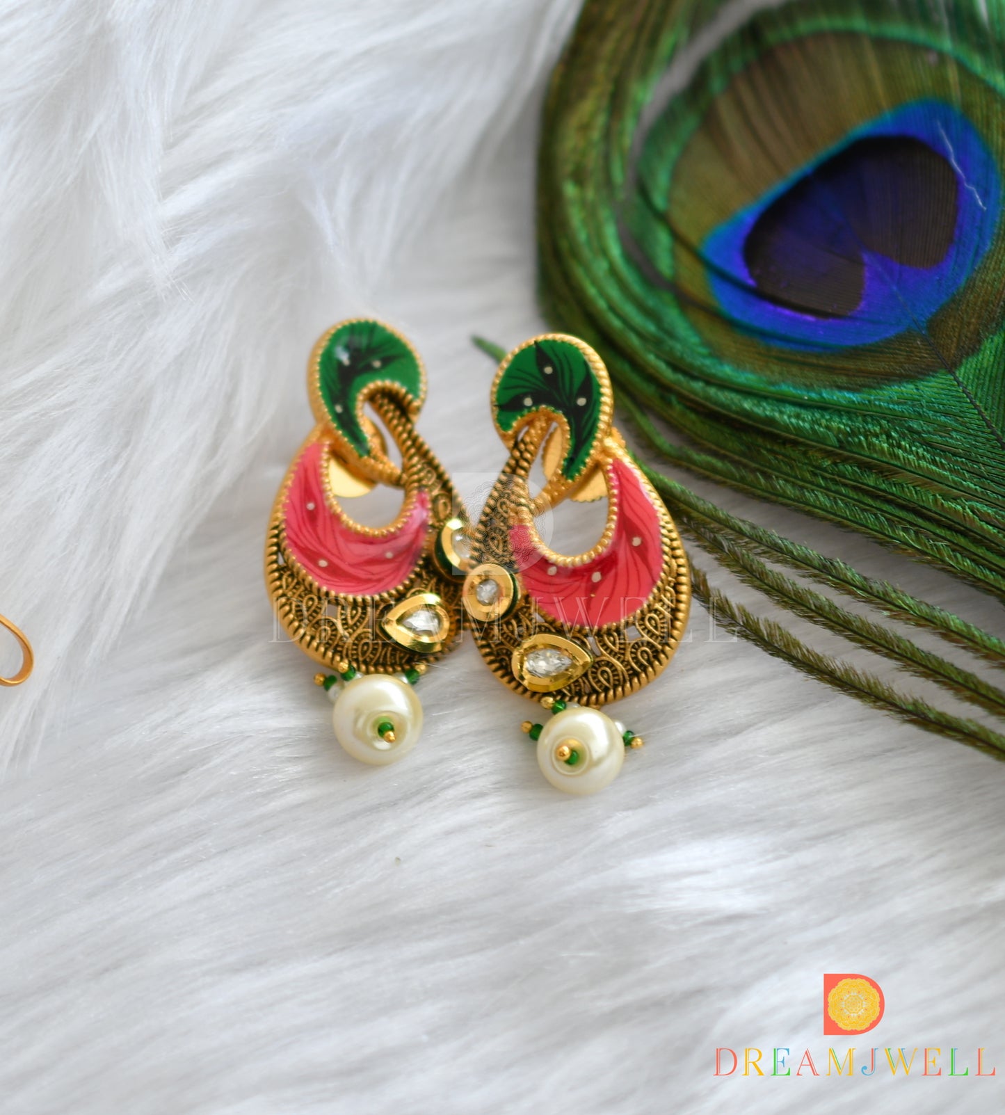 Matte finish kundan white-pink-green hand painted pendant set dj-37463
