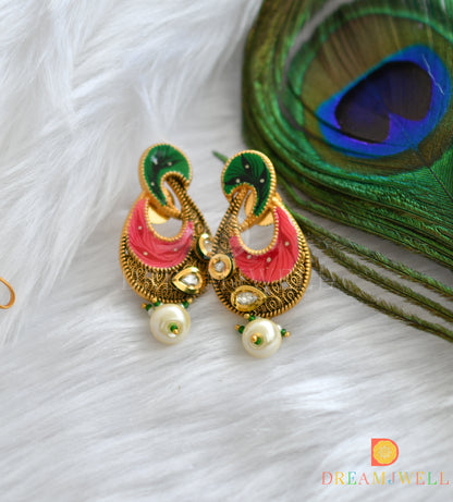 Matte finish kundan white-pink-green hand painted pendant set dj-37463