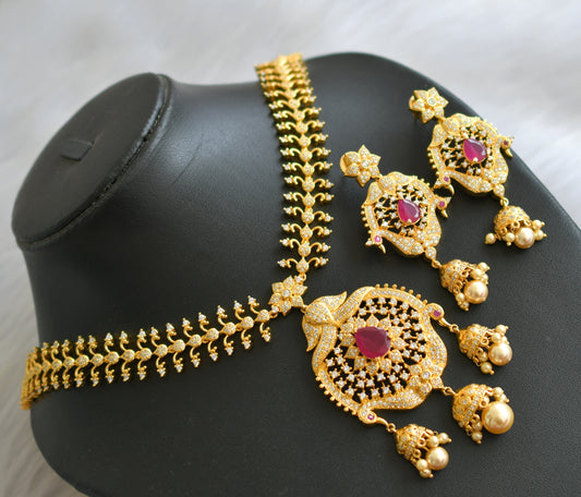 Gold tone cz -ruby peacock royal bridal necklace set dj-02921