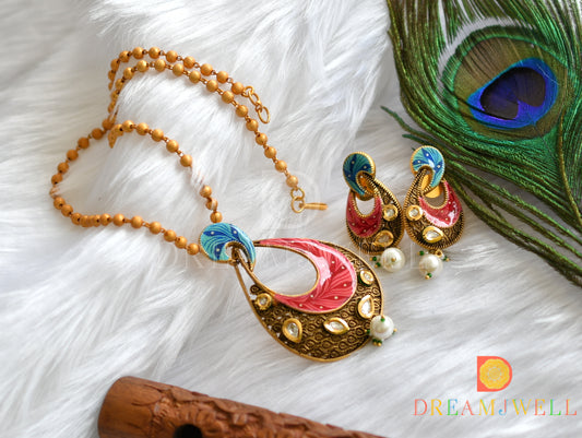 Matte finish kundan white-pink-blue hand painted pendant set dj-37464