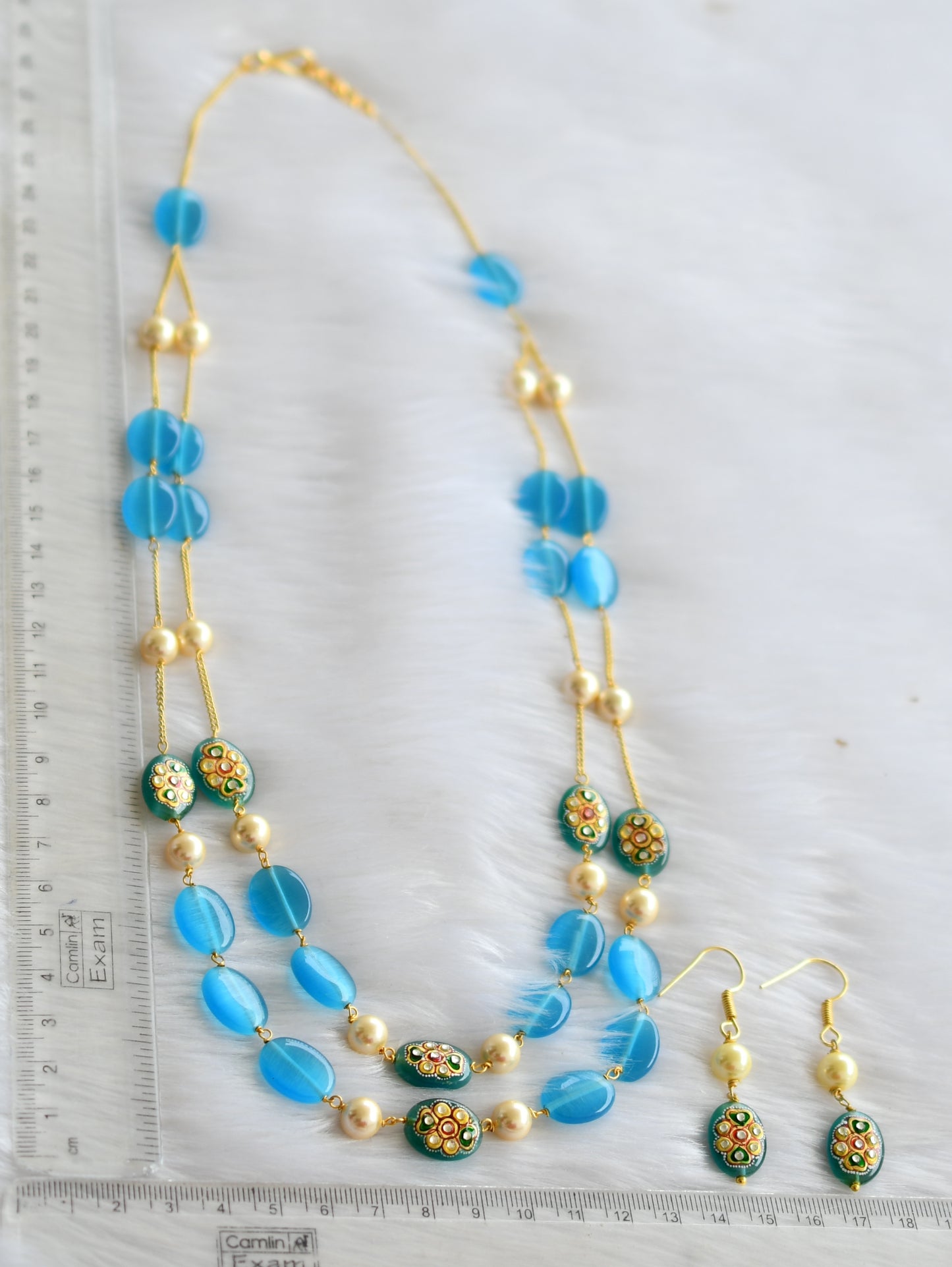 Gold tone sky blue double layer meenakari monalisa beaded pearl chain dj-29880