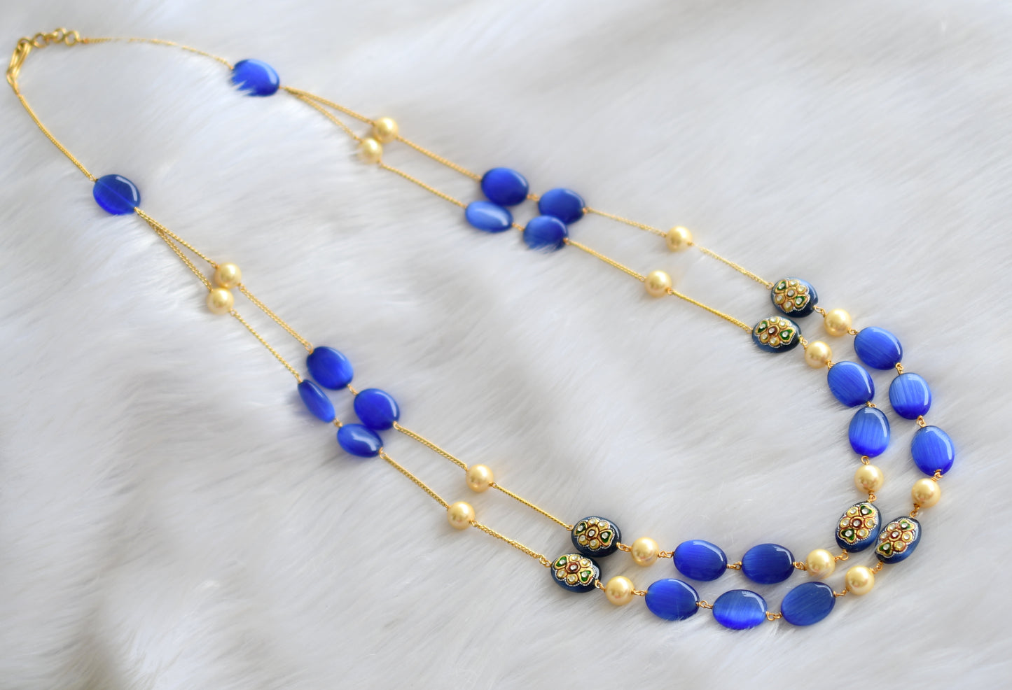 Gold tone blue double Layer meenakari monalisa beaded chain dj-29875