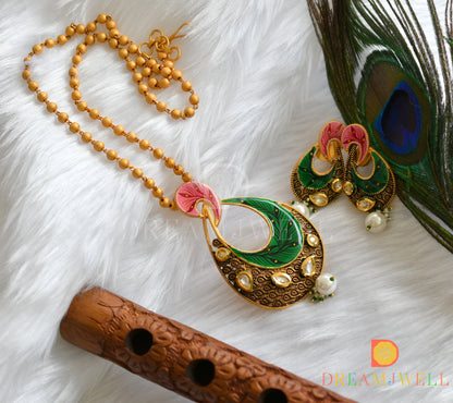 Matte finish kundan white-green-pink hand painted pendant set dj-37465