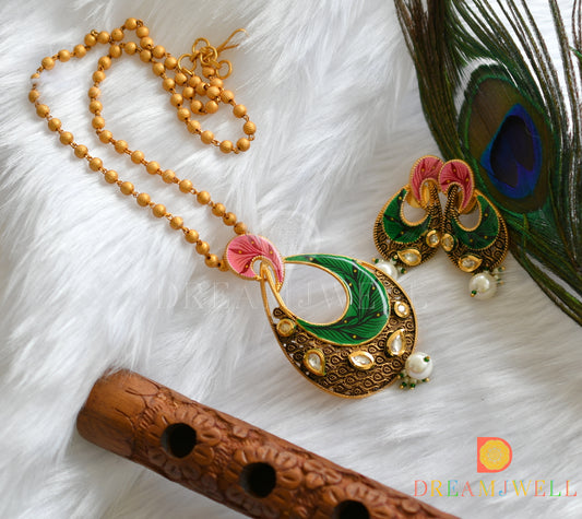 Matte finish kundan white-green-pink hand painted pendant set dj-37465