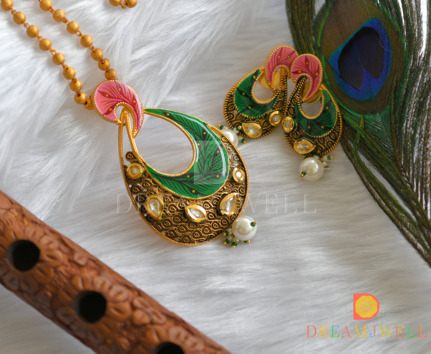 Matte finish kundan white-green-pink hand painted pendant set dj-37465