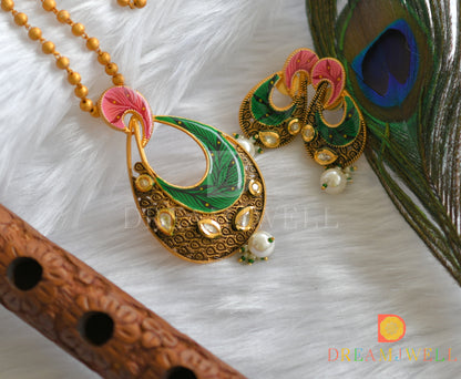 Matte finish kundan white-green-pink hand painted pendant set dj-37465