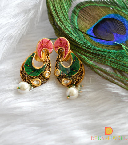 Matte finish kundan white-green-pink hand painted pendant set dj-37465