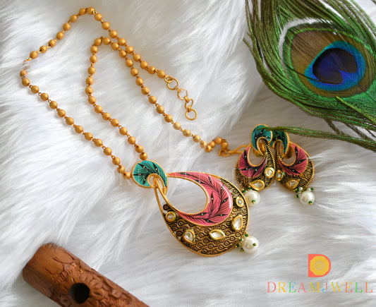 Matte finish kundan white-pink-sky blue hand painted pendant set dj-37466