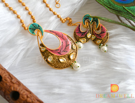 Matte finish kundan white-pink-sky blue hand painted pendant set dj-37466