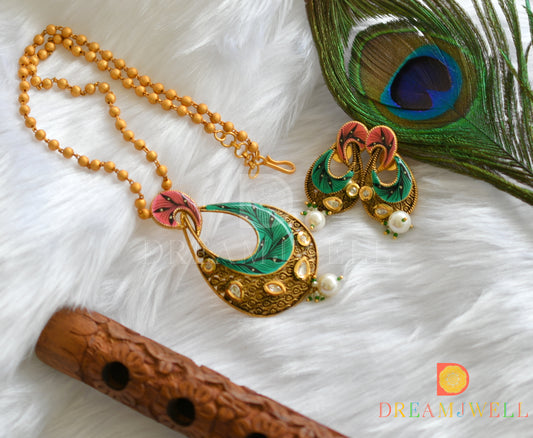 Matte finish kundan white-green-pink  hand painted pendant set dj-37467