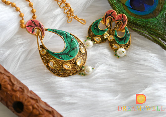 Matte finish kundan white-green-pink  hand painted pendant set dj-37467