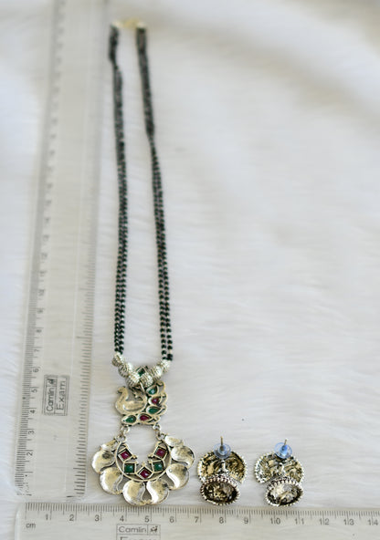 Silver tone ruby-green peacock mangalsutra set dj-19895