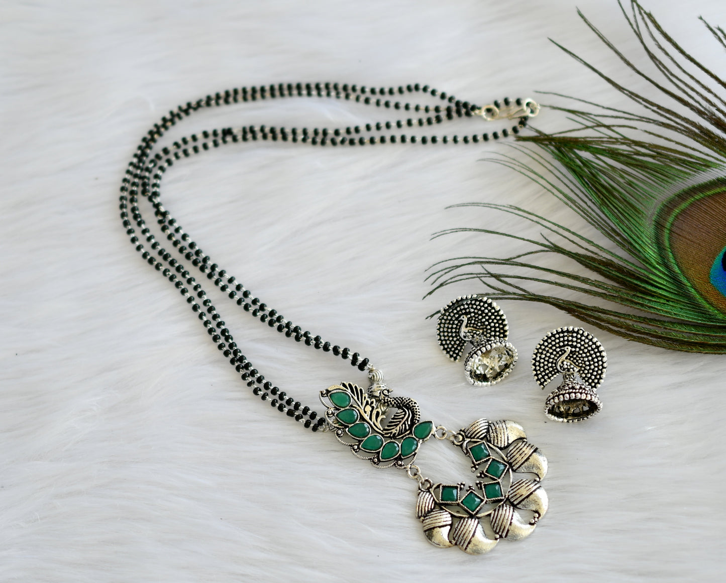 Silver tone green peacock mangalsutra set dj-19892