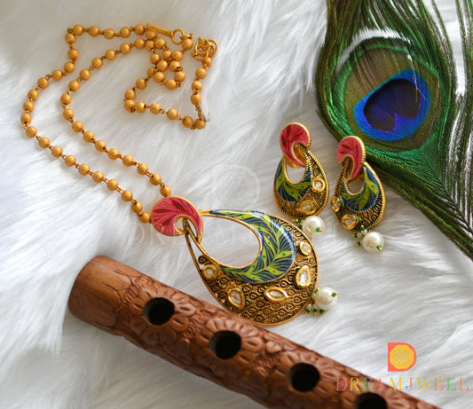 Matte finish kundan white-pink-blue-green hand painted pendant set dj-37468