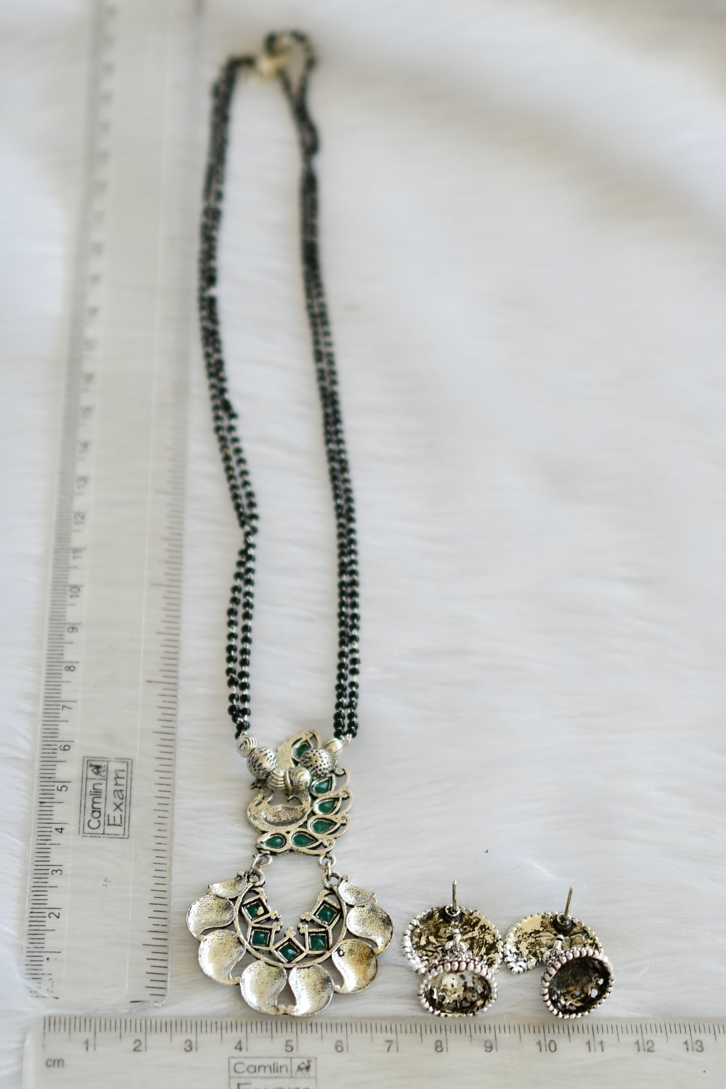 Silver tone green peacock mangalsutra set dj-19892