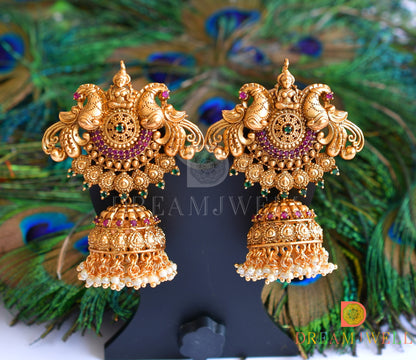 Matte finish ruby-emerald Big Lakshmi-peacock jhumkka dj-35998