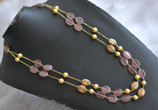 Gold tone pink double layer monalisa meenakari beaded Chain dj-29878