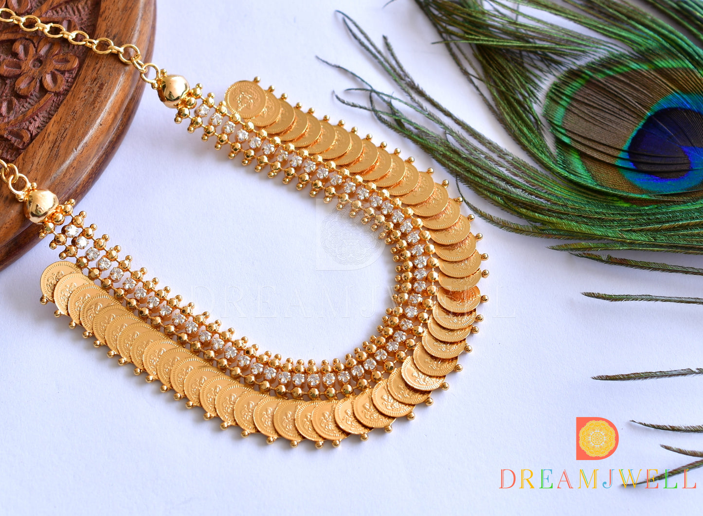 Gold tone white stone Lakshmi coin necklace dj-35991