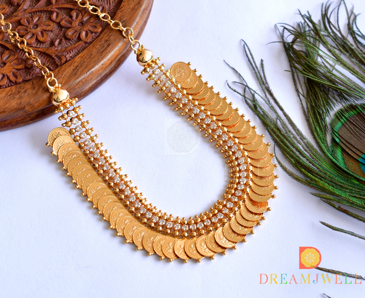 Gold tone white stone Lakshmi coin necklace dj-35991