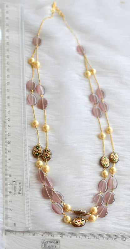 Gold tone pink double layer monalisa meenakari beaded Chain dj-29878