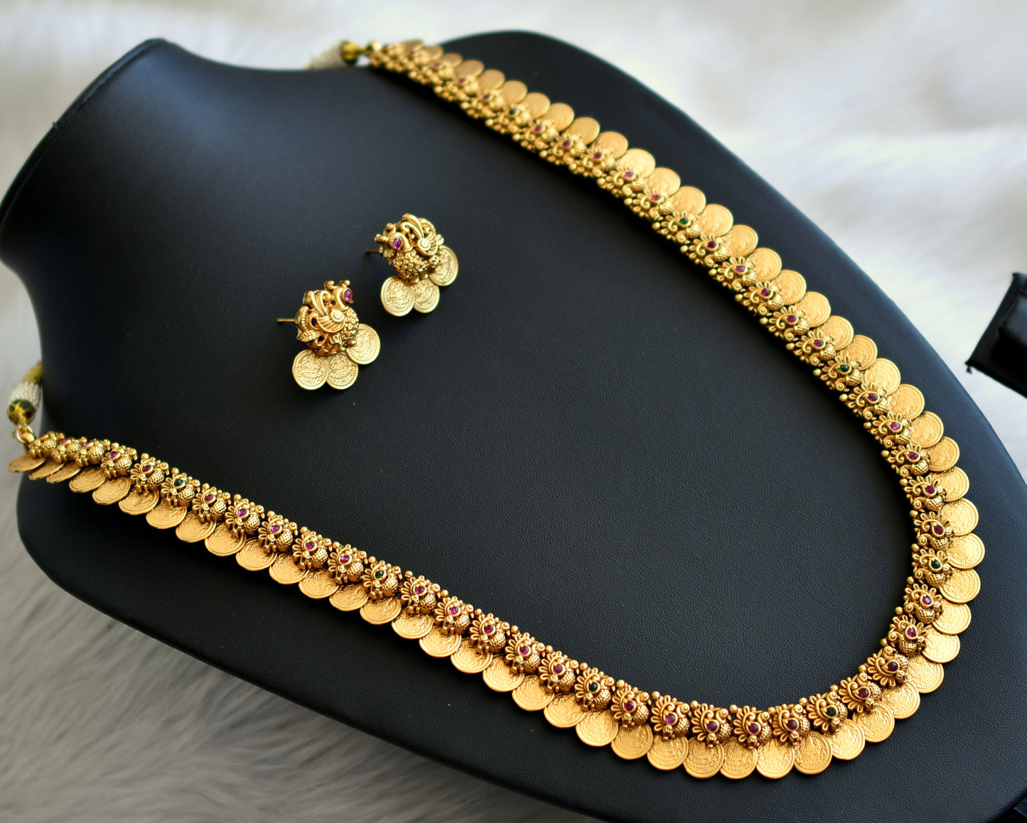 Matte finish kemp-green swan-Lakshmi coin haar set dj-41844