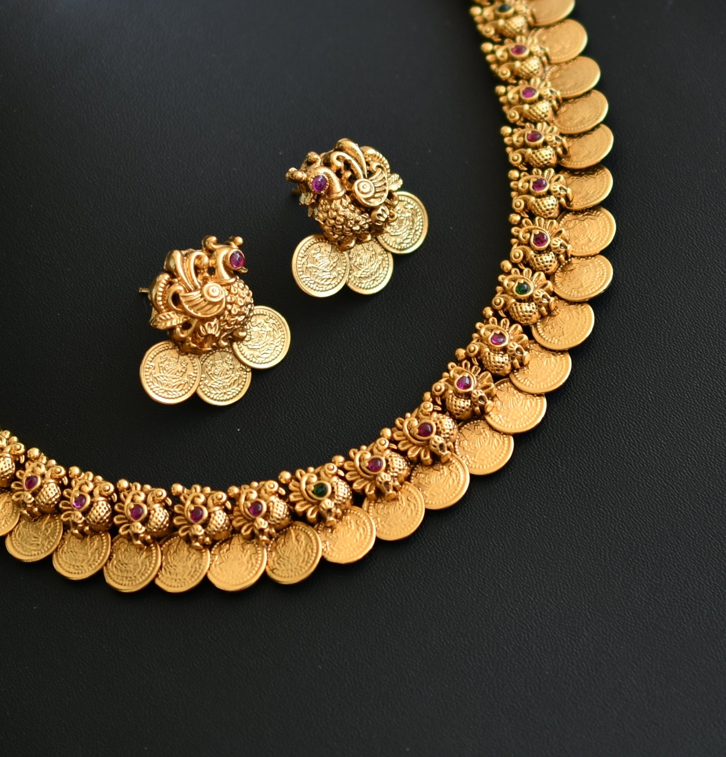 Matte finish kemp-green swan-Lakshmi coin haar set dj-41844