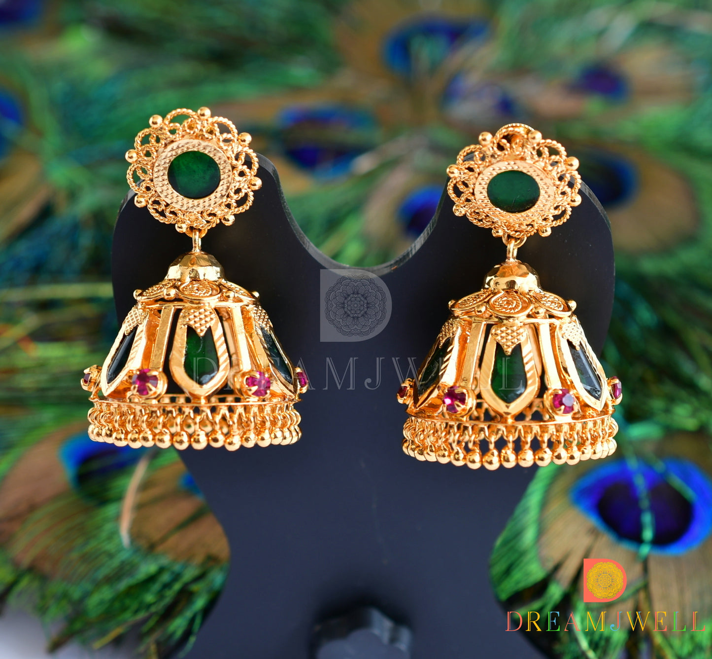 Gold tone green nagapadam 6 petal jhumkka dj-35966