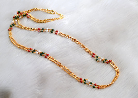 Gold tone double layer coral-green-pearl chain dj-34020