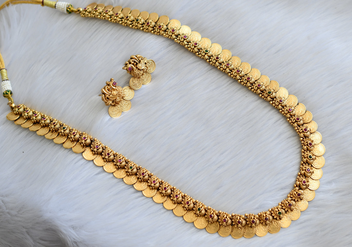Matte finish kemp-green swan-Lakshmi coin haar set dj-41844