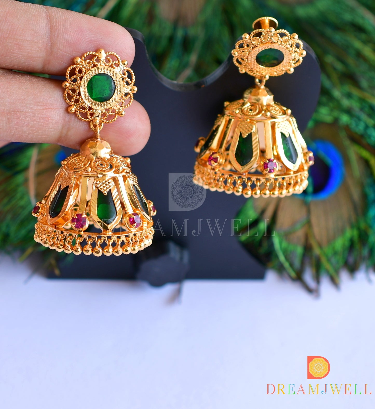 Gold tone green nagapadam 6 petal jhumkka dj-35966