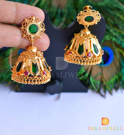 Gold tone green nagapadam 6 petal jhumkka dj-35966