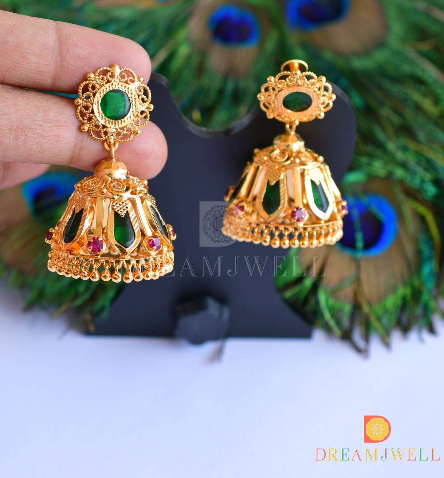 Gold tone green nagapadam 6 petal jhumkka dj-35966