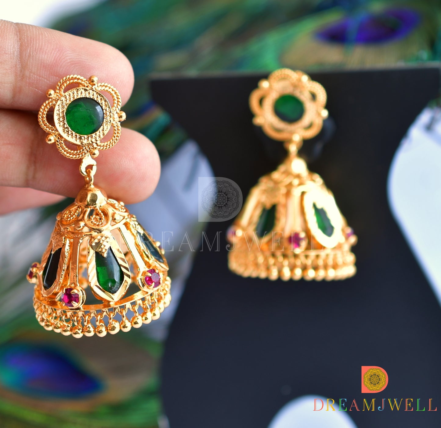 Gold tone green nagapadam 5 petal jhumkka dj-35967