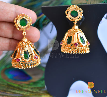 Gold tone green nagapadam 5 petal jhumkka dj-35967