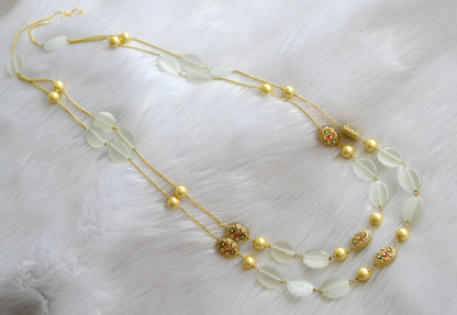 Gold tone white double layer monalisa meenakari beaded chain dj-29879