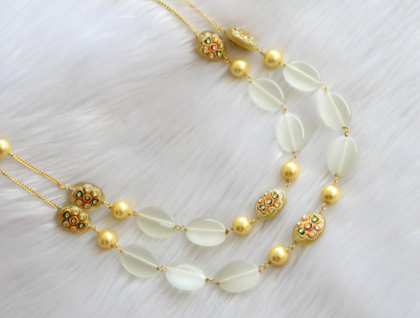 Gold tone white double layer monalisa meenakari beaded chain dj-29879