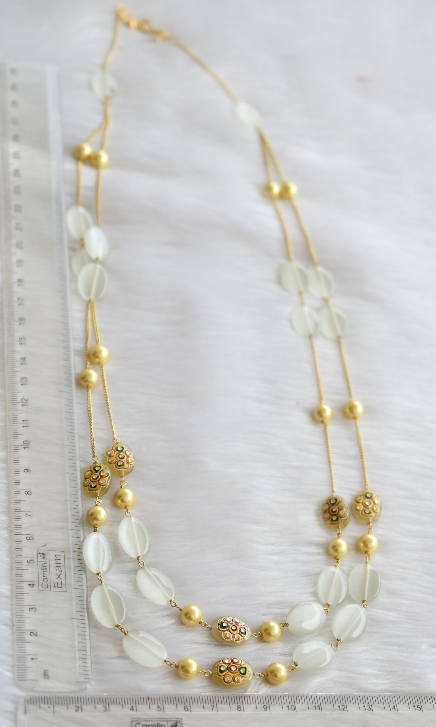 Gold tone white double layer monalisa meenakari beaded chain dj-29879