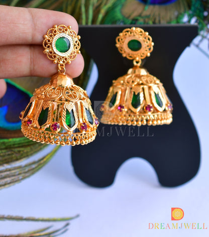 Gold tone green nagapadam 8 petal jhumkka dj-35968