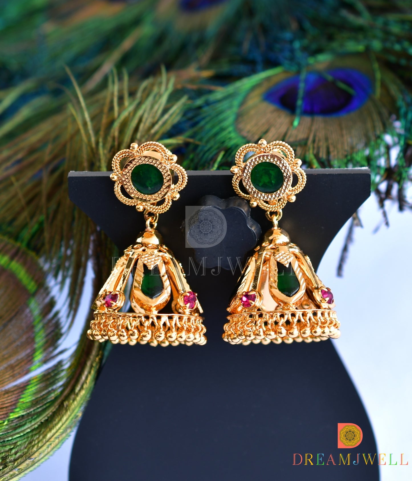 Gold tone green nagapadam 4 petal jhumkka dj-35969