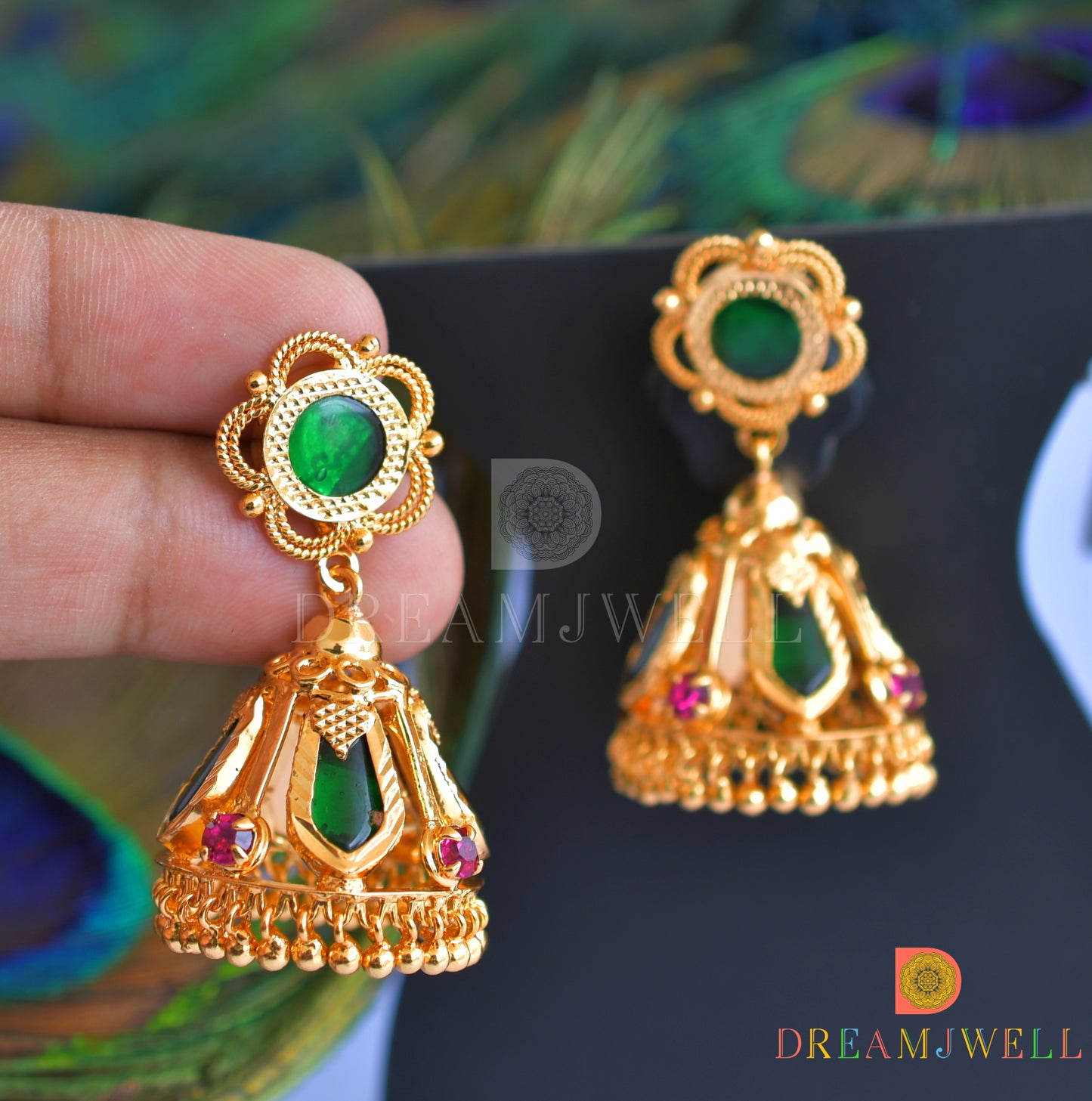 Gold tone green nagapadam 4 petal jhumkka dj-35969