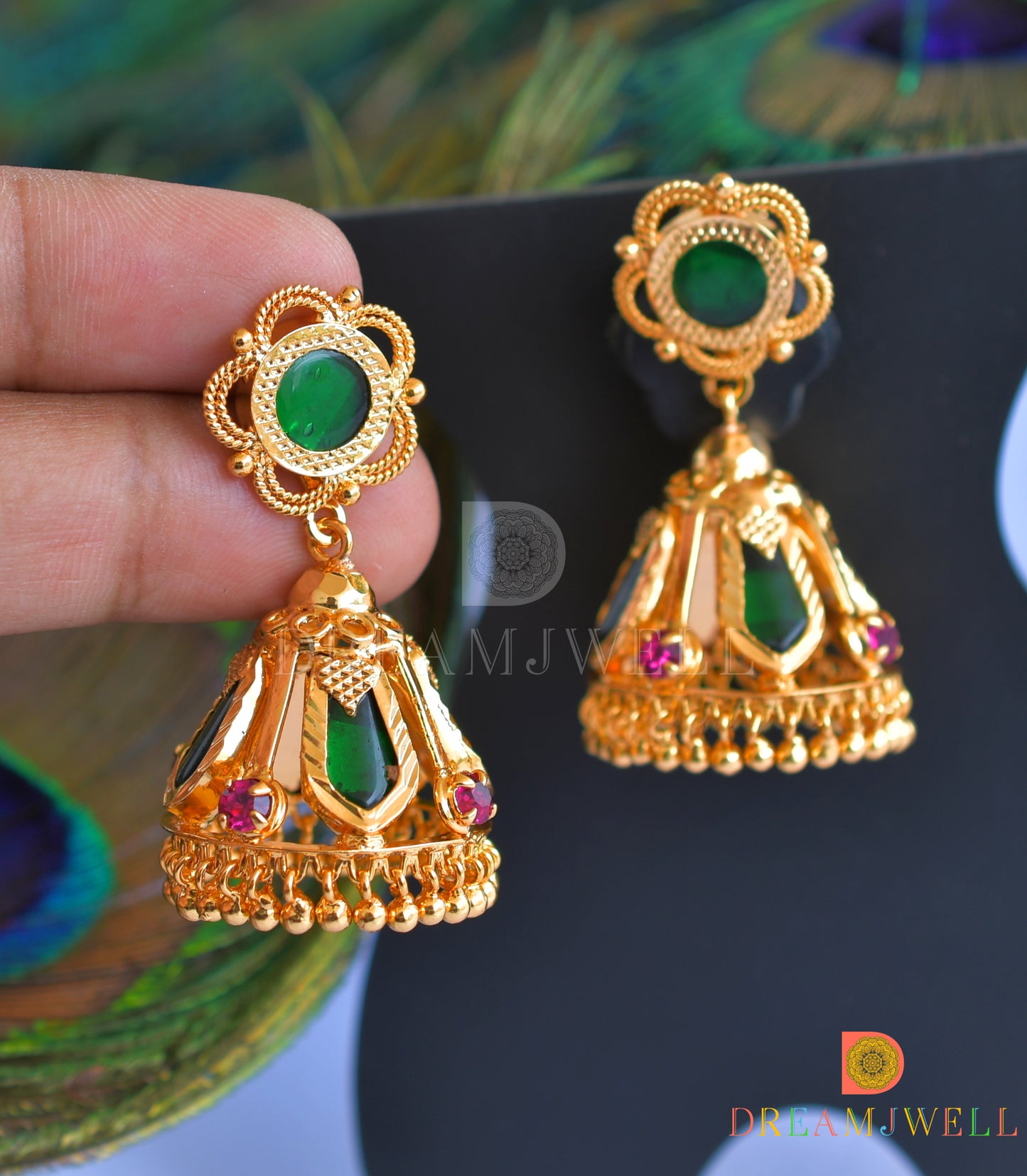 Gold tone green nagapadam 4 petal jhumkka dj-35969