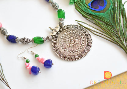 Silver Tone Pink-Blue-Green Round pendant Necklace Set dj-10631