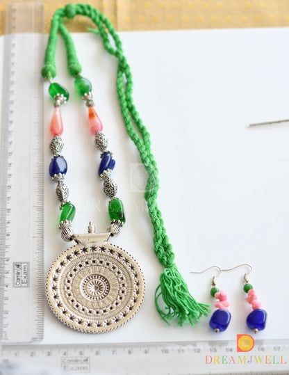 Silver Tone Pink-Blue-Green Round pendant Necklace Set dj-10631